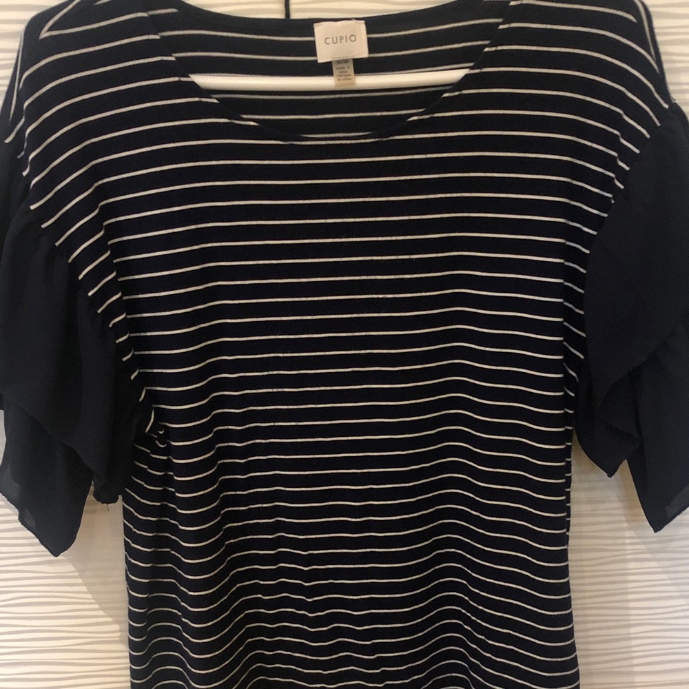 Cupio Navy and White Striped Ruffle Sleeve Top